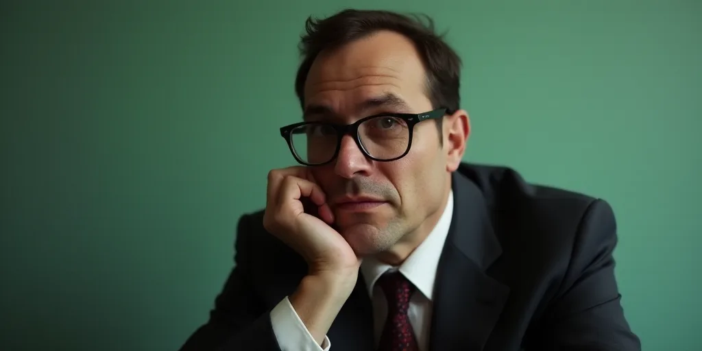 a man in a suit and glasses is looking at the camera with his hand on his chin and his chin resting