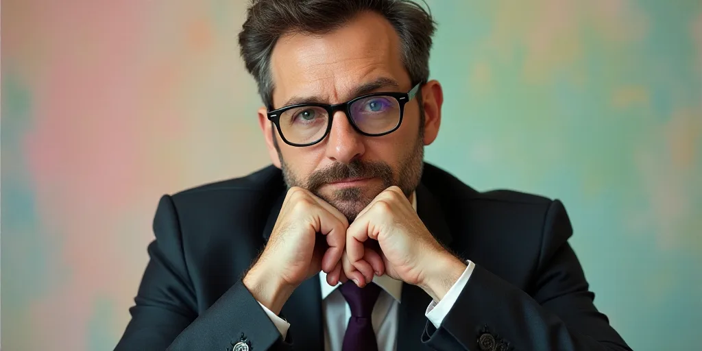 a man in a suit and glasses is posing for a picture with his hands on his chins and his chin resting
