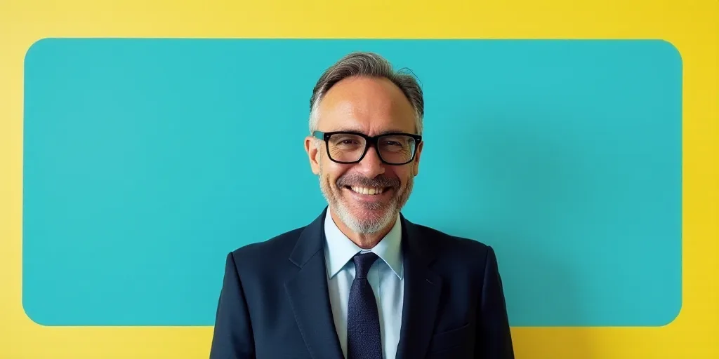 a man in a suit and glasses is smiling for the camera with a blue background and a yellow border, Ed