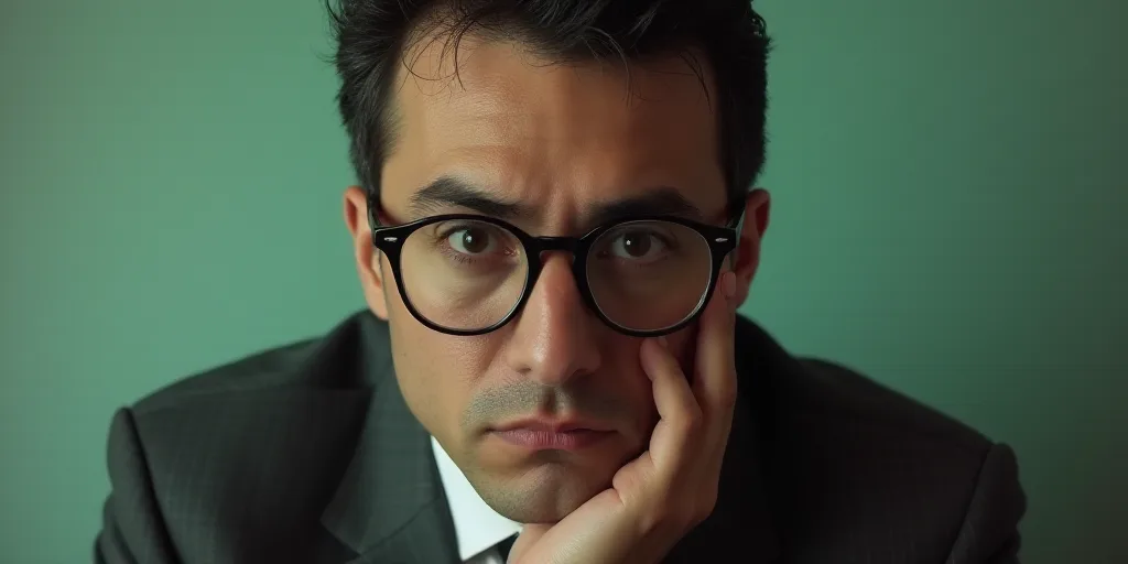 a man in a suit and glasses is looking at the camera with his hand on his chin and his chin resting