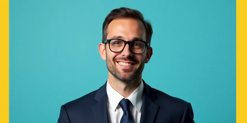 a man in a suit and glasses is smiling for the camera with a blue background and a yellow border, Ed