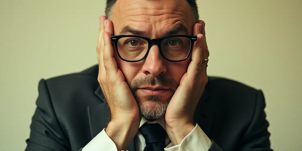 a man in a suit and glasses is posing for a picture with his hands on his chins and his chin resting