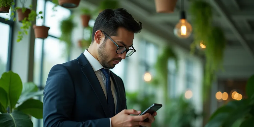 a man in a suit and glasses looking at a cell phone with plants hanging from the ceiling above him,