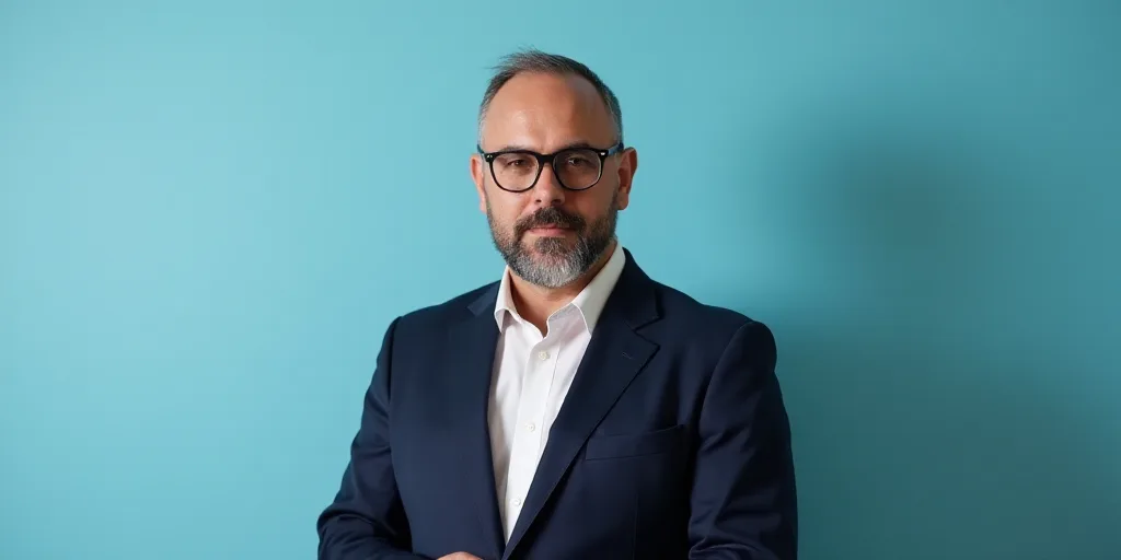 a man in a suit and glasses standing in front of a blue background with a black and white photo, Est