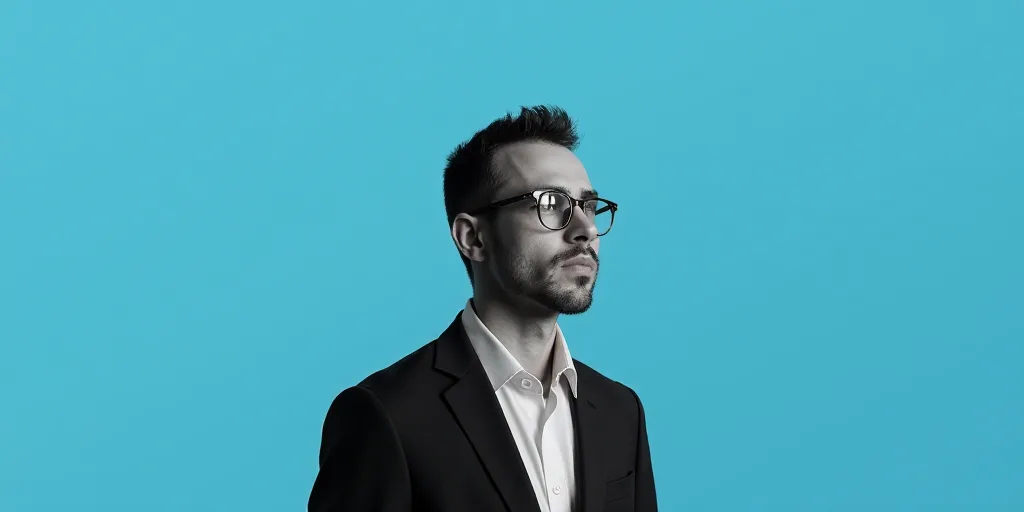 a man in a suit and glasses standing in front of a blue background with a black and white photo, Est