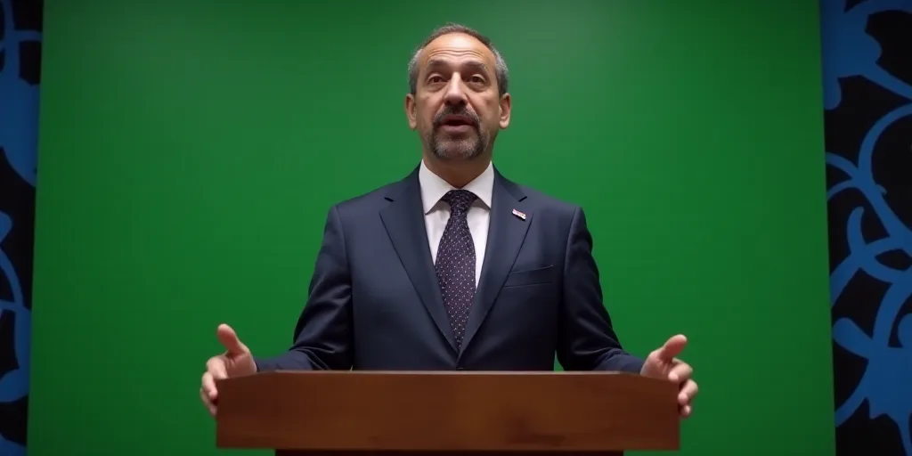 a man in a suit and tie giving a speech at a podium in front of a green wall with a blue and black d