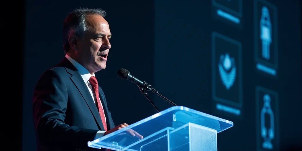 a man in a suit and tie giving a speech at a podium with a microphone in front of him, Federico Urib