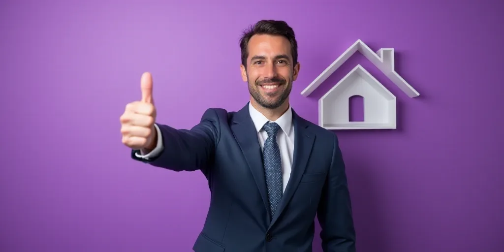 a man in a suit and tie giving a thumbs up sign in front of a purple background with a white house,