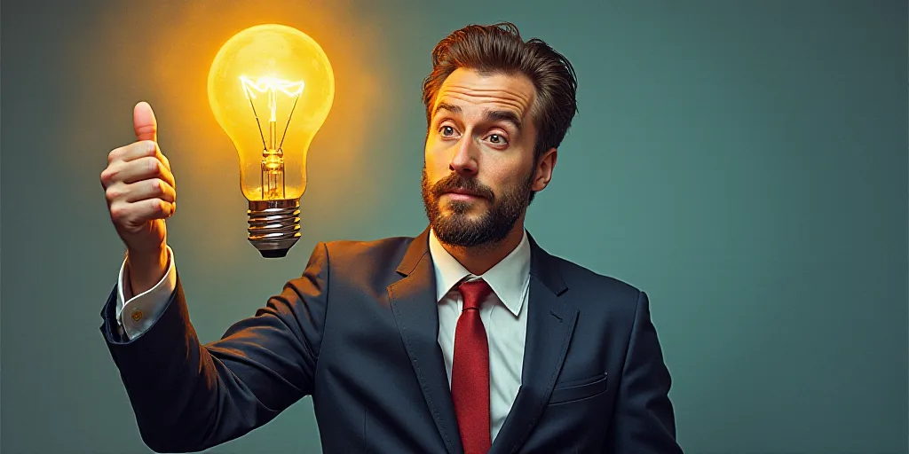a man in a suit and tie giving a thumbs up sign with his hand and a light bulb in the background, Cl