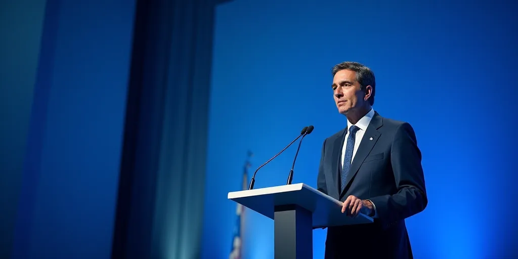 a man in a suit and tie giving a speech at a podium with a blue background and a blue backdrop, Fede