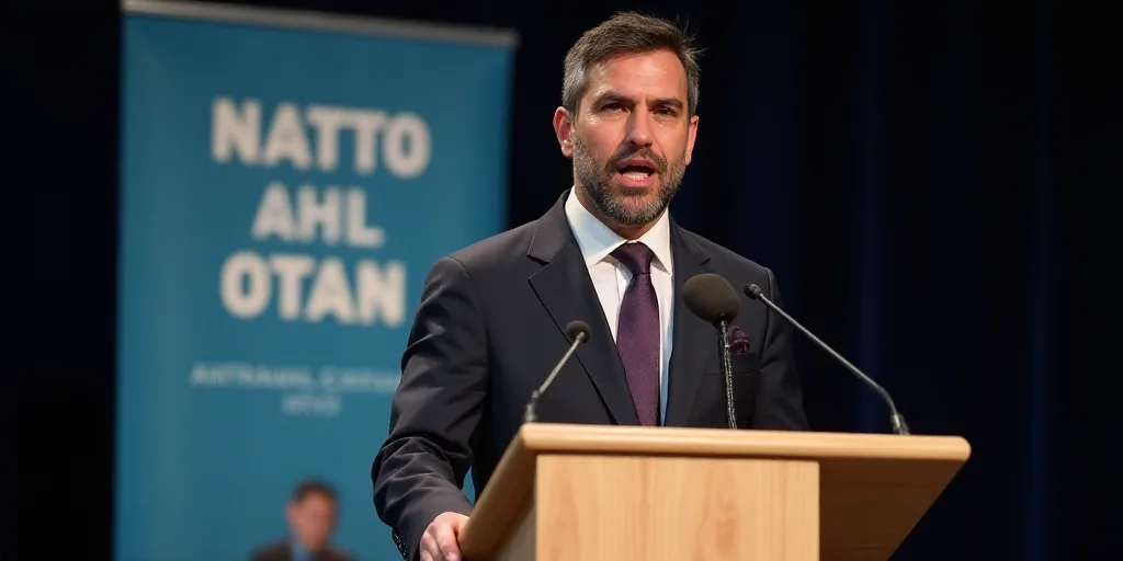 a man in a suit and tie giving a speech at a podium with a natto and otan sign behind him, Avgust Č