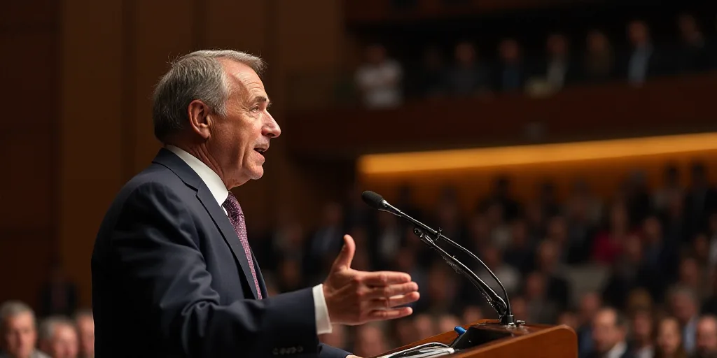 a man in a suit and tie giving a speech at a conference hall with a microphone in front of him, Clov