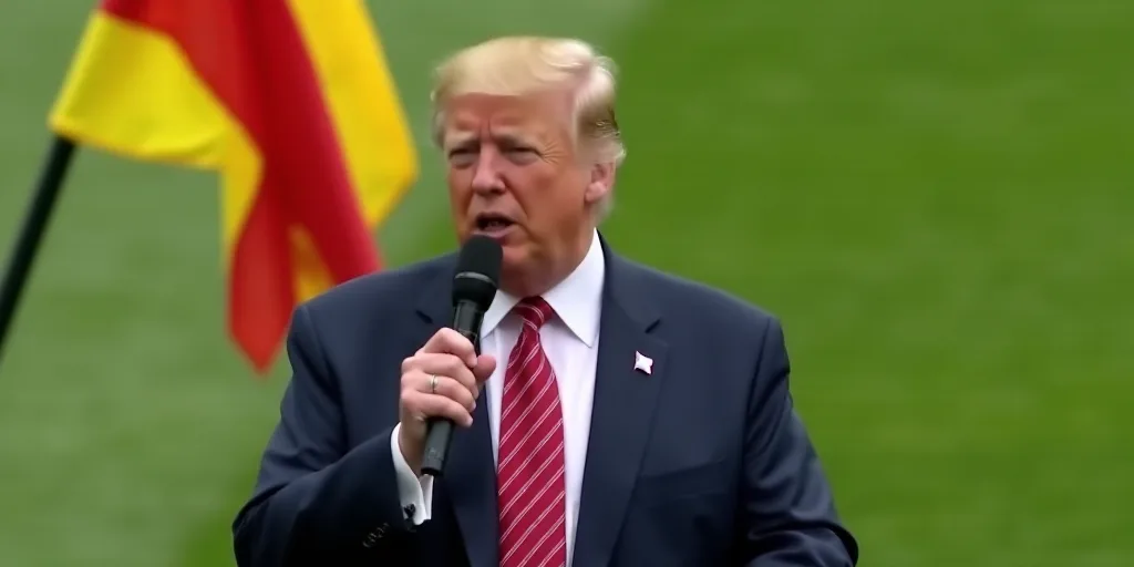 a man in a suit and tie holding a microphone in front of a green field with a yellow and red flag, D