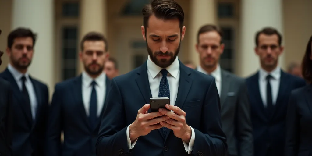 a man in a suit and tie holding a cell phone in front of a group of men in suits, Donald Roller Wils