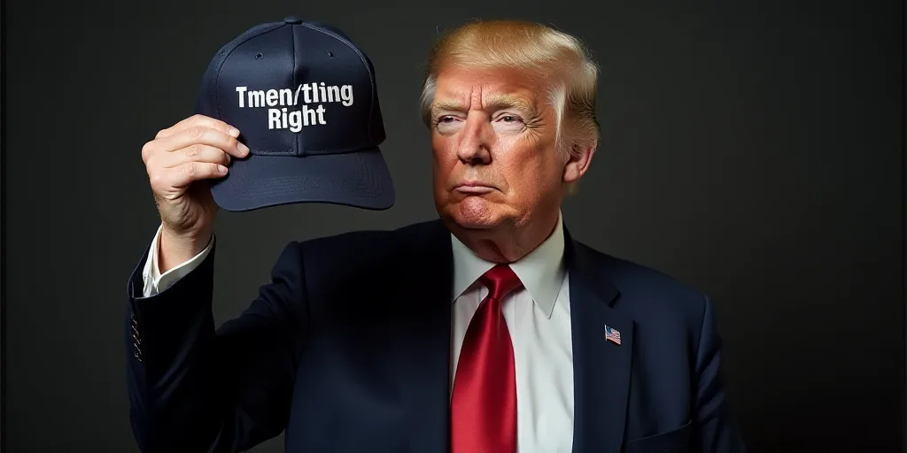 a man in a suit and tie holding a hat with the words trump right and everything on it in front of hi