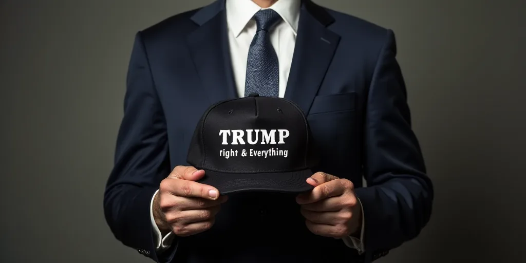 a man in a suit and tie holding a hat with the words trump right and everything on it in front of hi