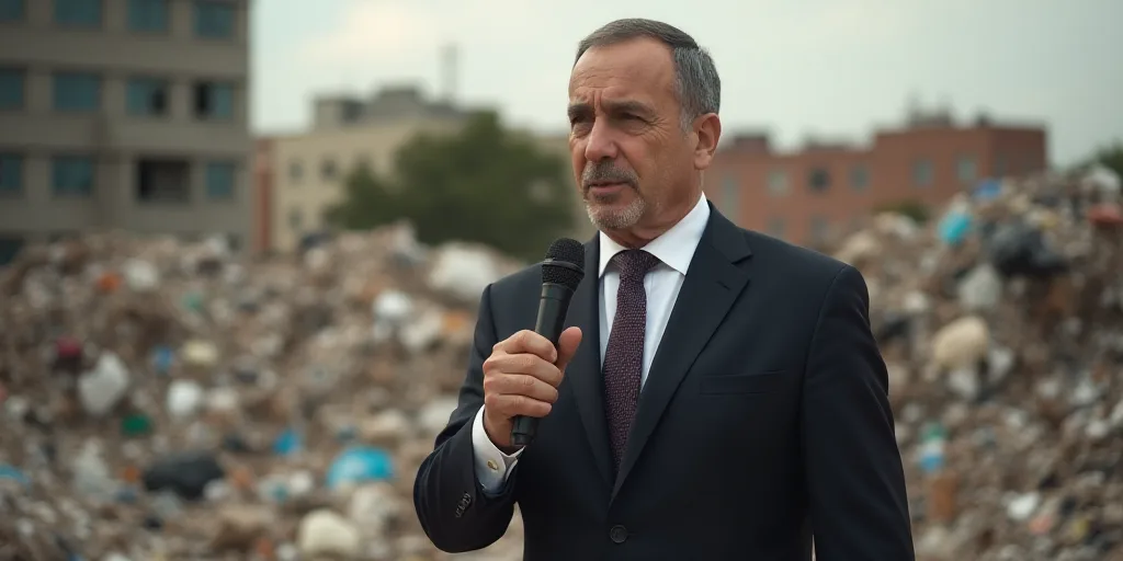 a man in a suit and tie holding a microphone in front of a pile of garbage and a building, Edward Be
