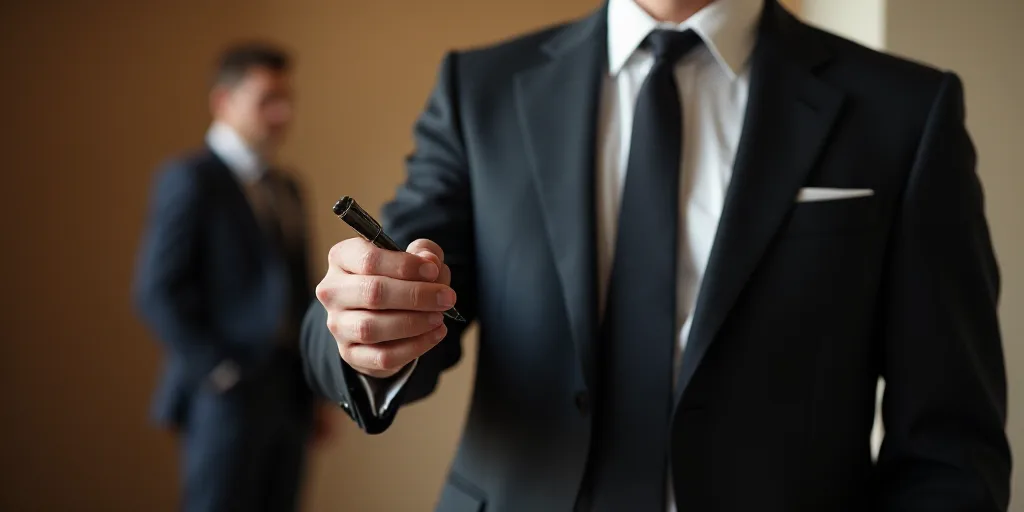 a man in a suit and tie holding a pen in his hand and another man in a suit and tie in the backgroun