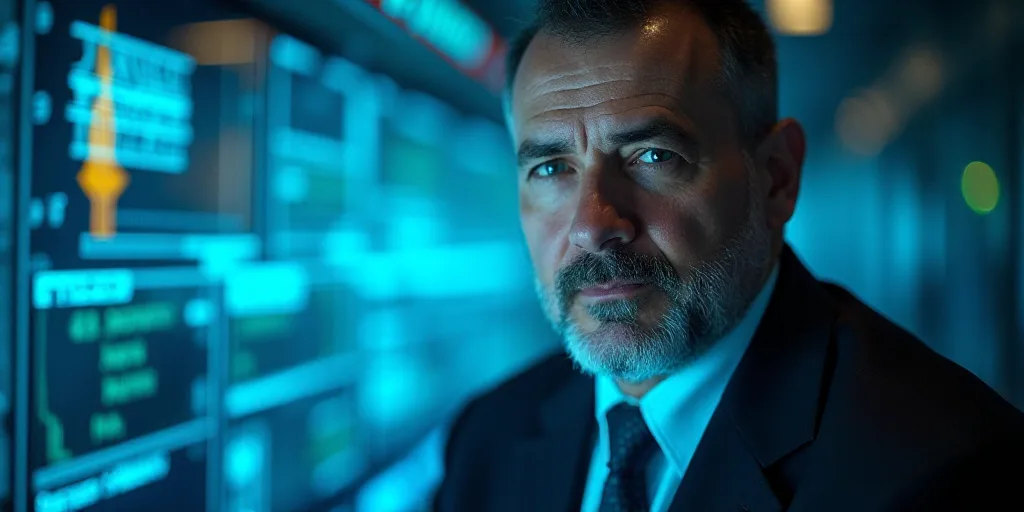 a man in a suit and tie is looking at the camera with a blue background and a yellow border, Bracha