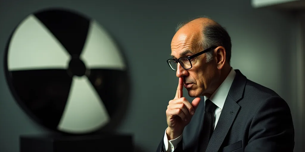 a man in a suit and tie is looking at something with a finger on his nose and a logo behind him, Art
