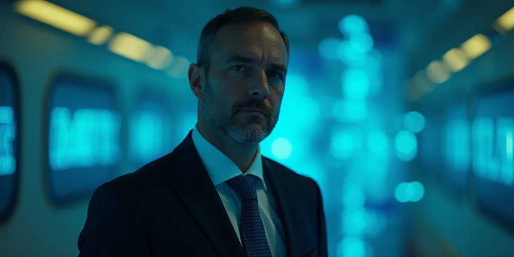 a man in a suit and tie is looking at the camera with a blue background and a yellow border, Bracha