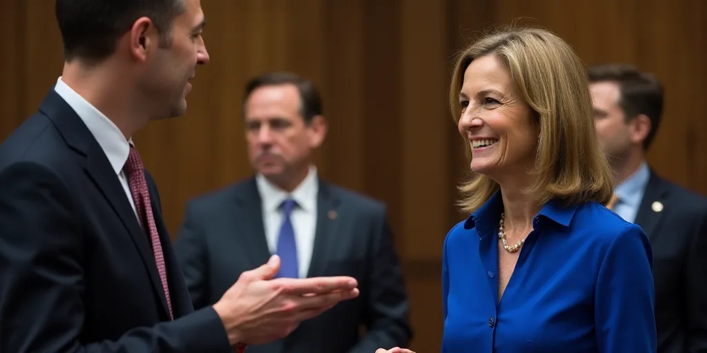 a man in a suit and tie is making a hand gesture while others look on in the background and a woman