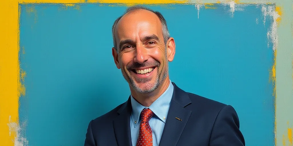 a man in a suit and tie is smiling for a picture with a blue background and a yellow border, Edward