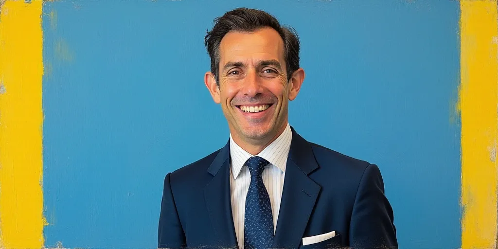 a man in a suit and tie is smiling for a picture with a blue background and a yellow border, Edward