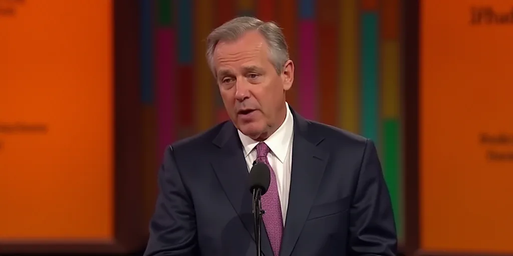 a man in a suit and tie is speaking into a microphone with a colorful background behind him and a co