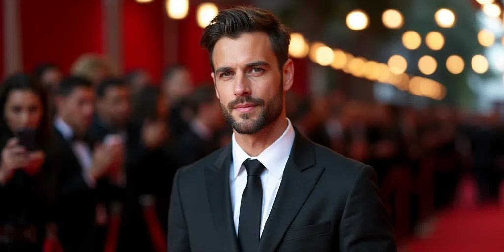 a man in a suit and tie looking at the camera with a crowd behind him in the background at a red car
