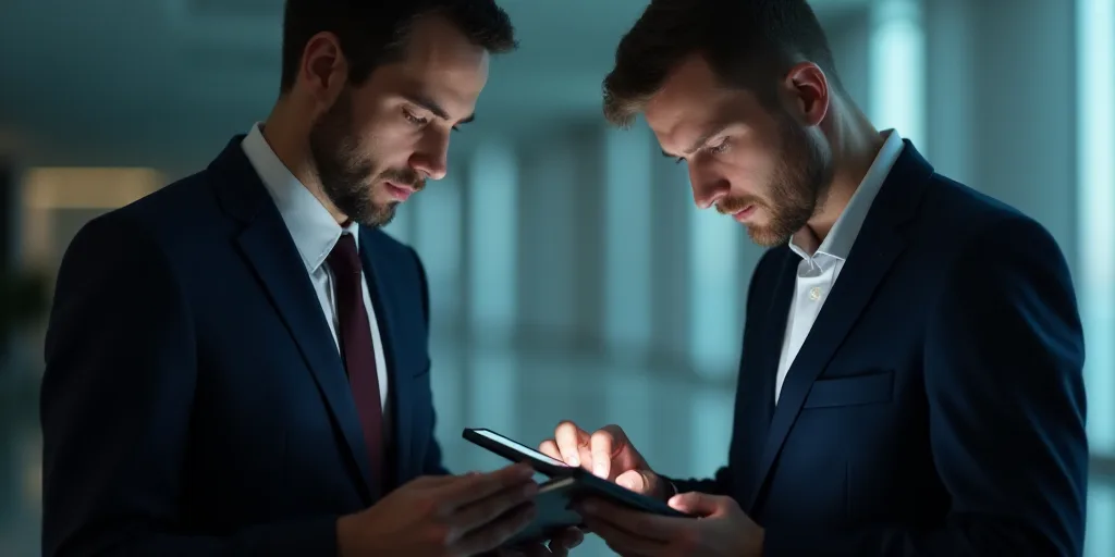 a man in a suit and tie looking at a tablet screen while another man in a suit looks at a tablet scr