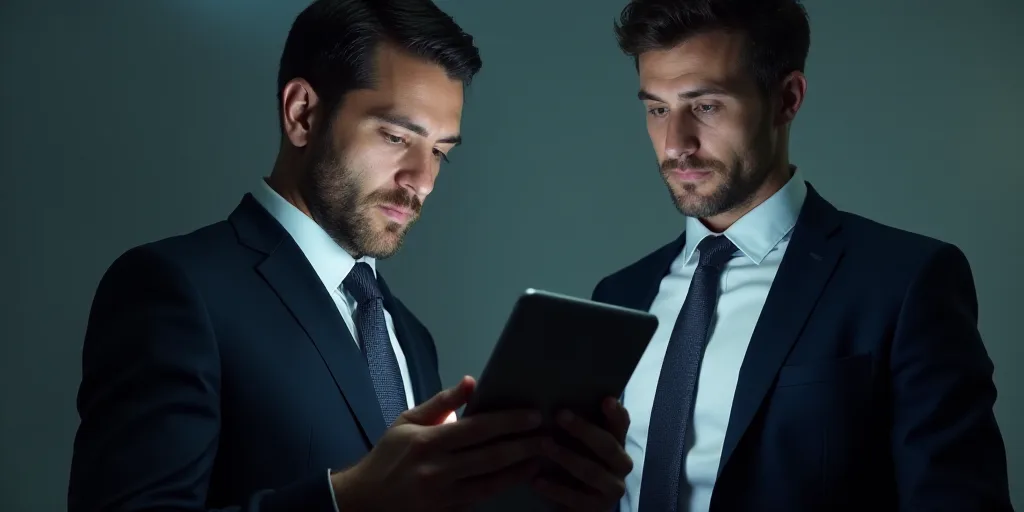 a man in a suit and tie looking at a tablet screen while another man in a suit looks at a tablet scr