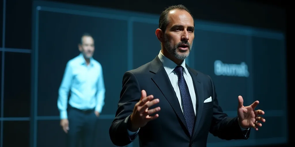 a man in a suit and tie making a speech with his hands out in front of him and a picture of a man in