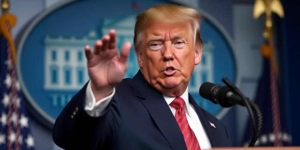 a man in a suit and tie making a hand gesture in front of a white house sign and microphone, Donald
