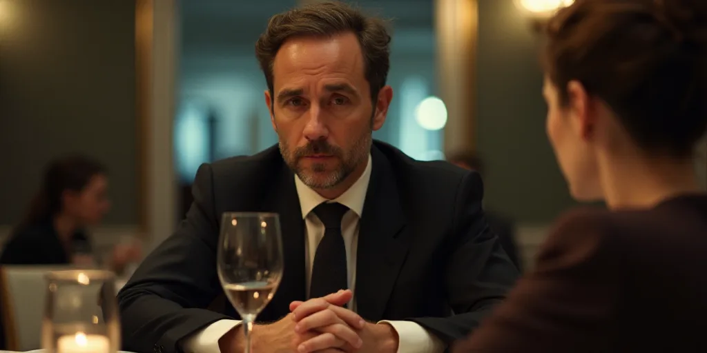 a man in a suit and tie sitting at a table with a glass of wine in his hand and a woman in the backg