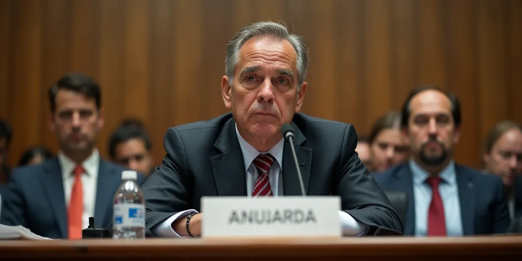 a man in a suit and tie sitting at a table with a microphone in front of him and two other people be