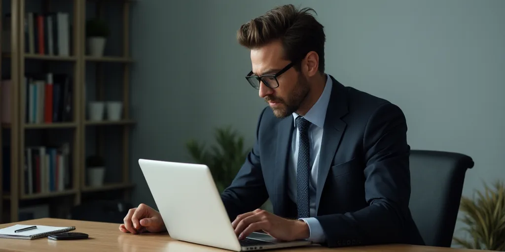 a man in a suit and tie sitting at a desk with a laptop and a phone in front of him, Andries Both, v