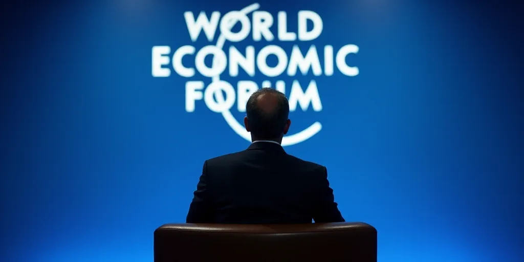a man in a suit and tie sitting in front of a blue wall with a world economic forum logo, Eric de Ko