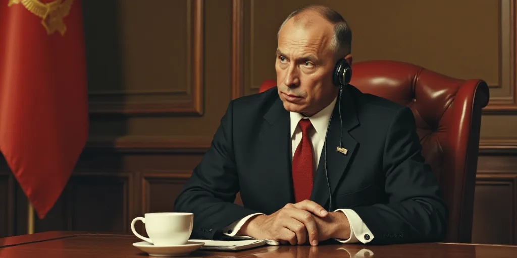 a man in a suit and tie sitting in a chair with a microphone in his ear and a cup of coffee in front