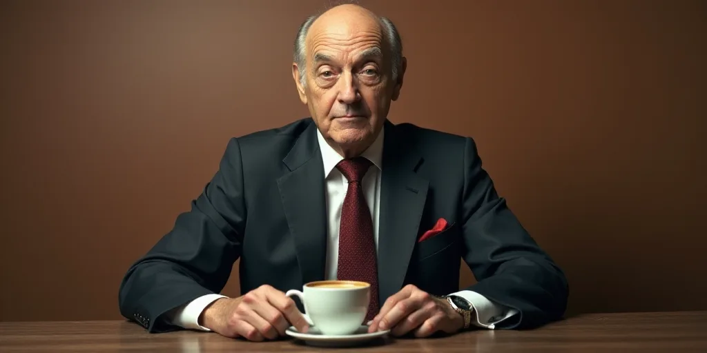 a man in a suit and tie sitting at a table with a cup of coffee in front of him, Don Eddy, full roun