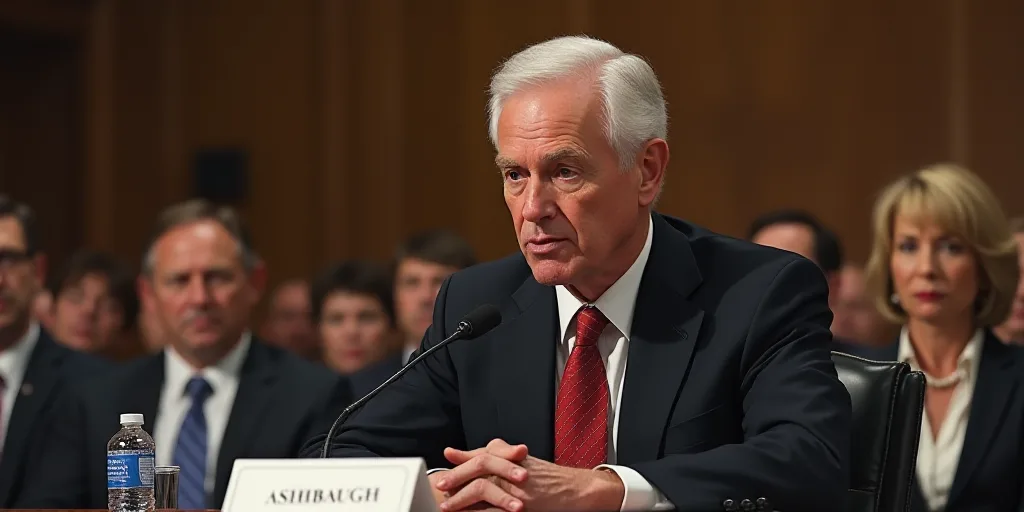 a man in a suit and tie sitting at a table with other people behind him and a microphone in front of