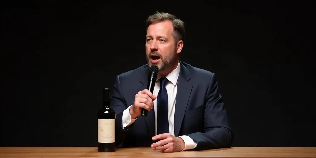 a man in a suit and tie sitting at a table with a microphone in his hand and a bottle of wine in his