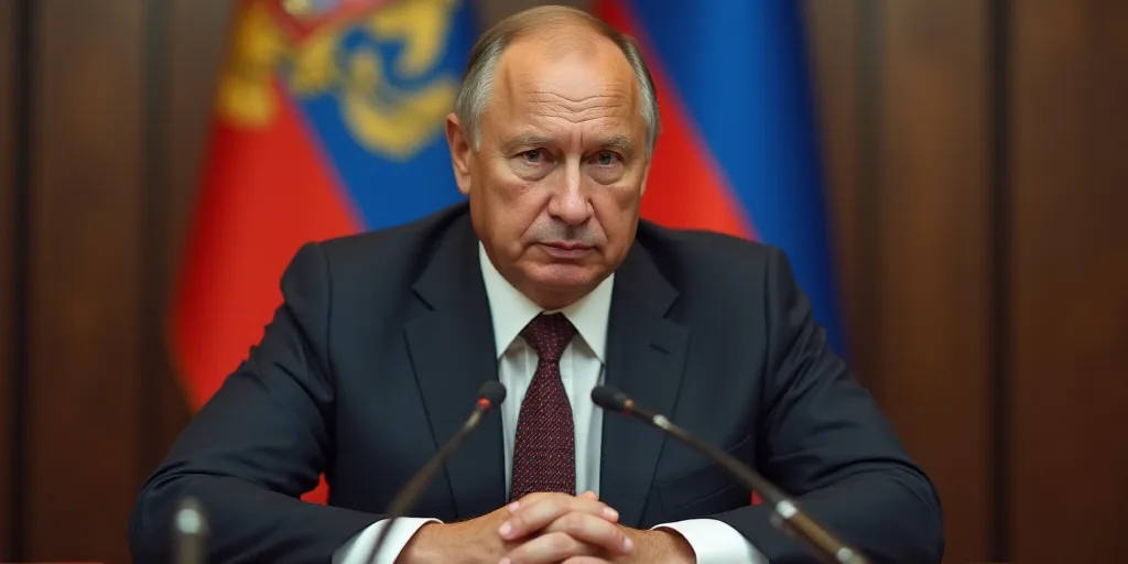 a man in a suit and tie sitting at a table with a microphone in front of him and a russian flag behi
