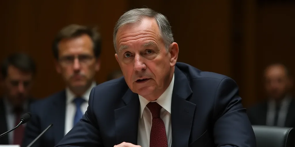 a man in a suit and tie sitting at a table with a microphone in front of him and another man in the