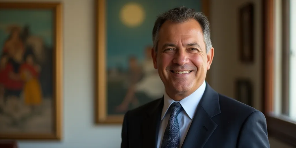 a man in a suit and tie smiles at the camera while standing in front of a wall with a painting, Fede