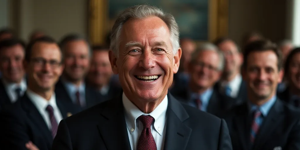 a man in a suit and tie smiling at the camera with other people in the background looking on and smi