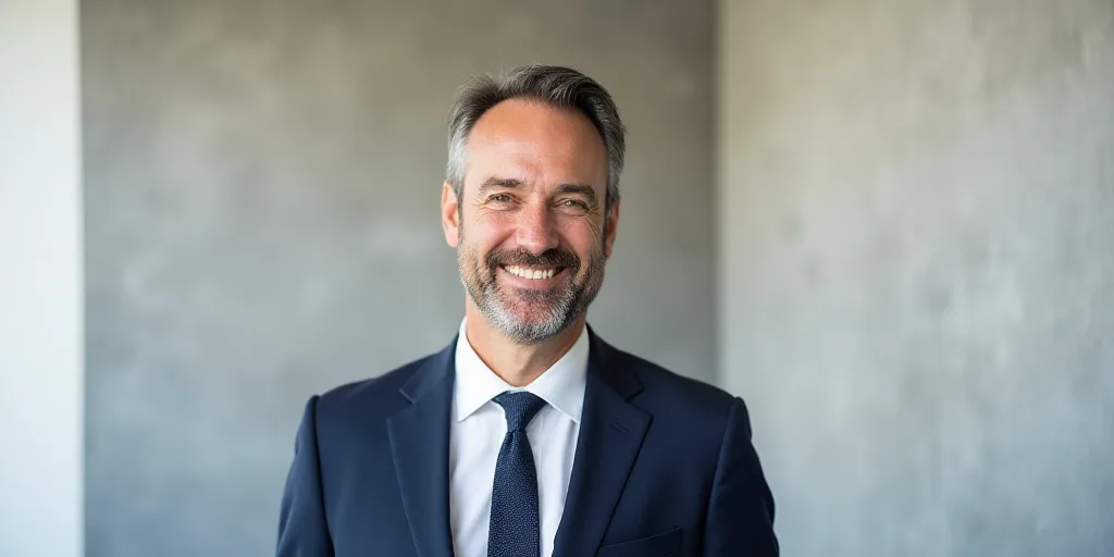 a man in a suit and tie smiling for a picture with a white background and a gray wall behind him, Al