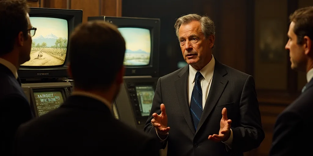 a man in a suit and tie speaking to reporters in front of a machine with a television screen on it,