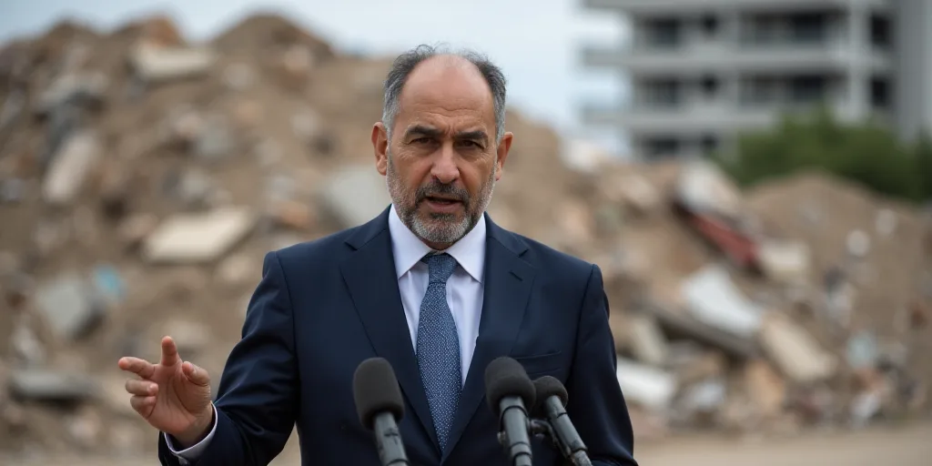 a man in a suit and tie speaking into a microphone with a pile of debris behind him and a building i