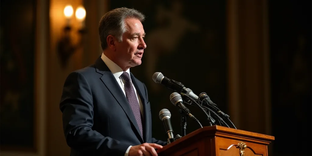 a man in a suit and tie speaking into a microphone at a podium with microphones behind him and a mic